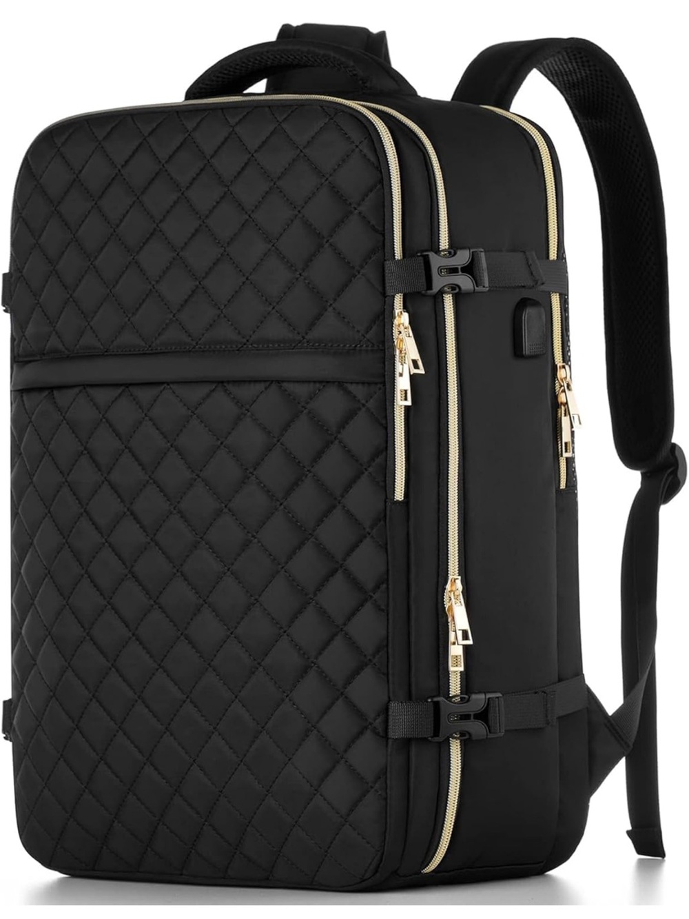 Quilted Black Travel Backpack with Gold Accents